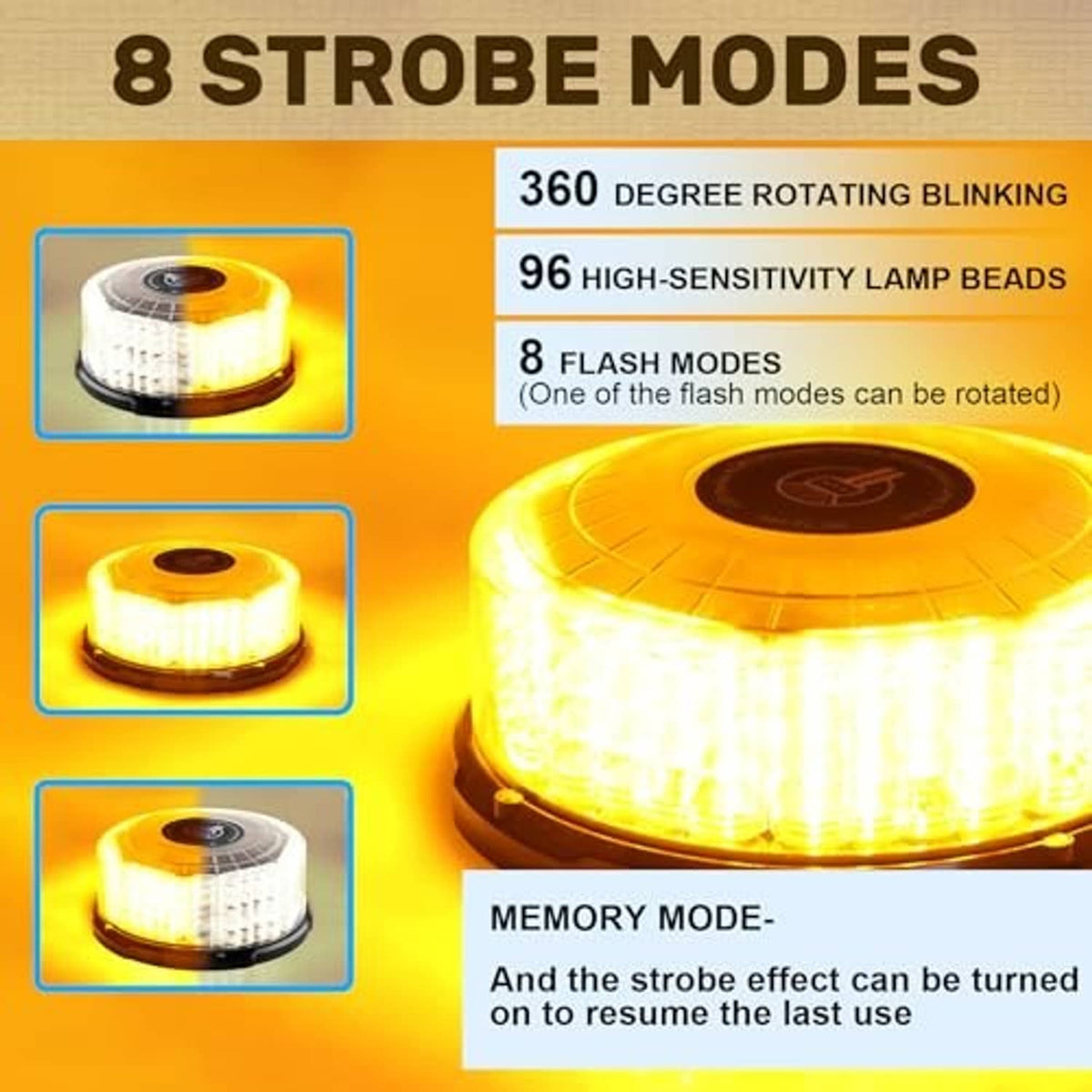 Amber LED strobe beacon light with glowing round dome and top vented housing