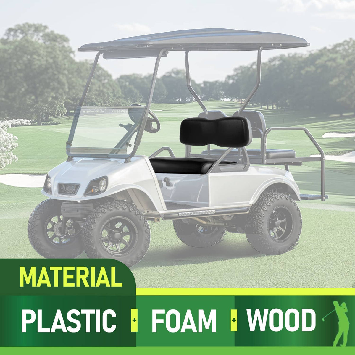 Black golf cart seat backrest and bottom cushion installed on front seat
