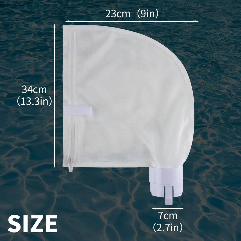 White pool cleaner replacement bag with zipper closure and plastic inlet ports