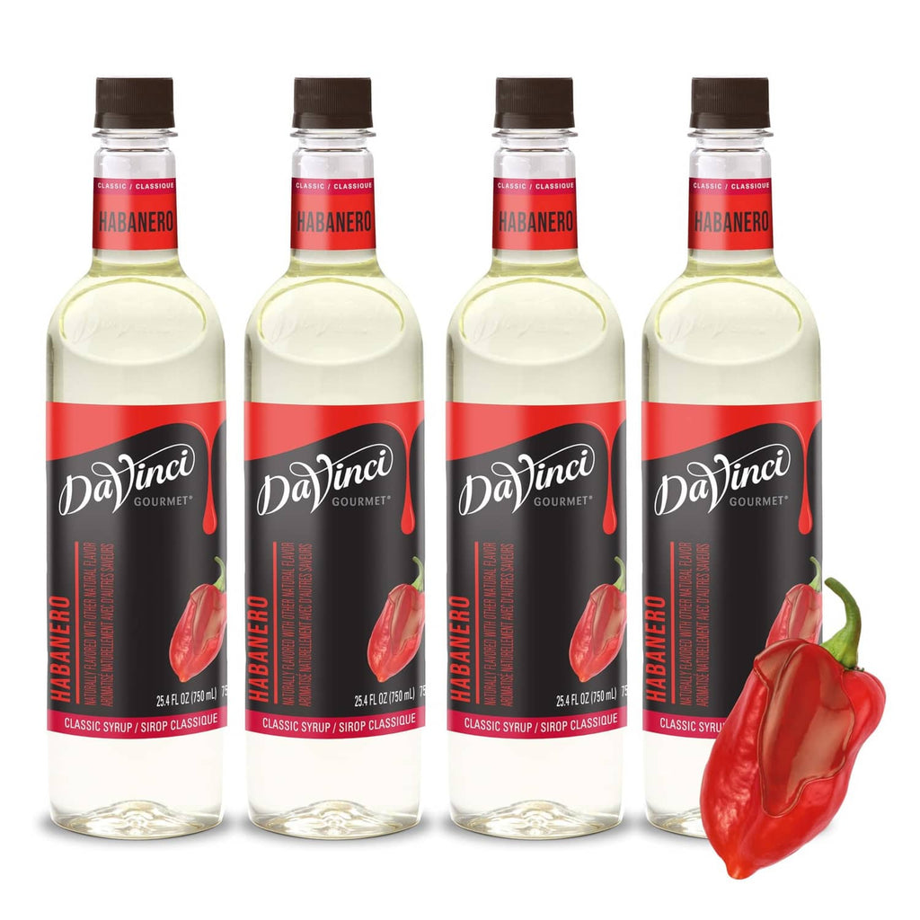 DaVinci Gourmet Classic Habanero syrup bottle 4-pack, clear amber liquid, red label