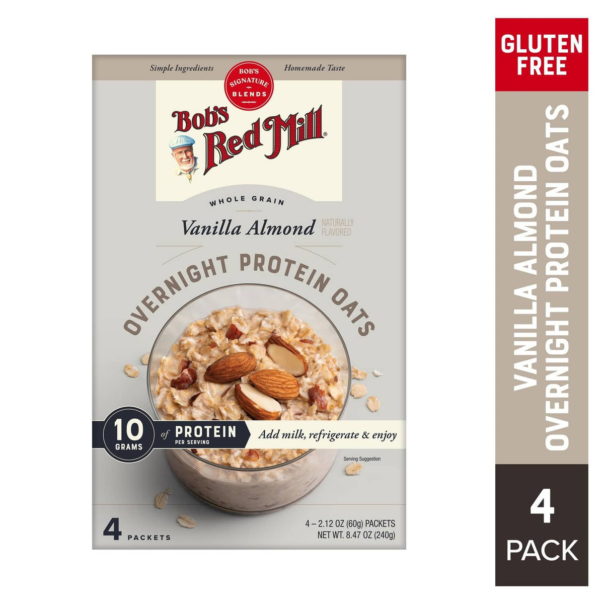 Gluten-free overnight protein oats packet, vanilla almond flavor, 4-pack front