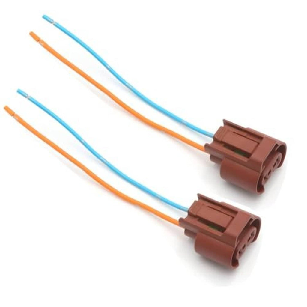 Headlight wire pigtail connectors: two brown female sockets with orange and blue wires