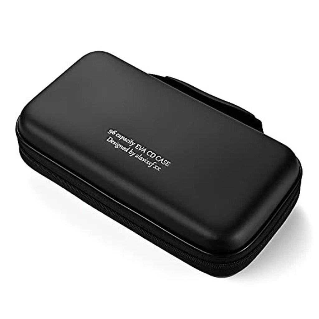 Black hard EVA CD case with zipper, compact rounded shell, printed capacity text.