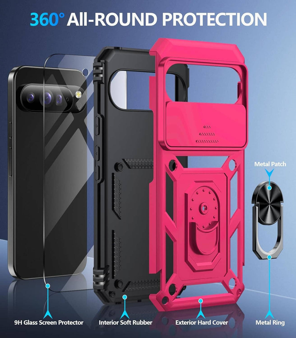Rugged pink-and-black Pixel case with screen protector, soft rubber edges, metal ring