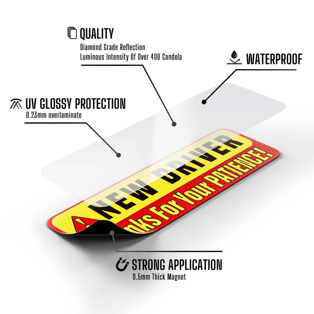 “New Driver” magnetic car sign with red and yellow border on a white surface.