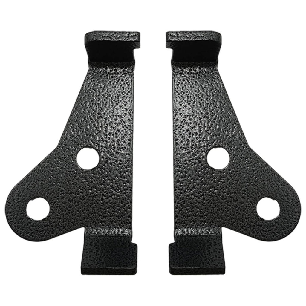 Pair of black metal suspension brackets with center slots and mounting holes