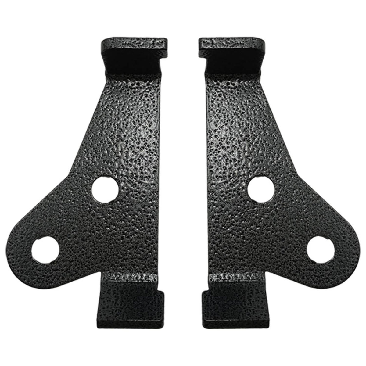 Pair of black metal suspension brackets with center slots and mounting holes
