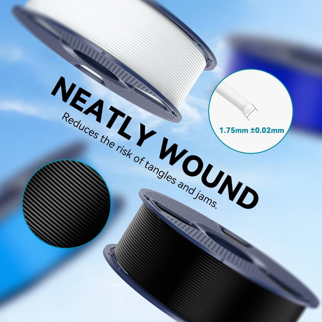 White and black PLA 3D filament spools, close-up of wound filament rolls