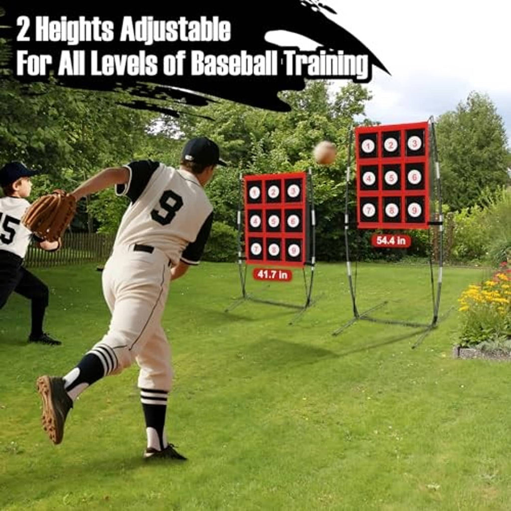 Adjustable baseball pitching target net with red 1–9 pockets on a tall frame.