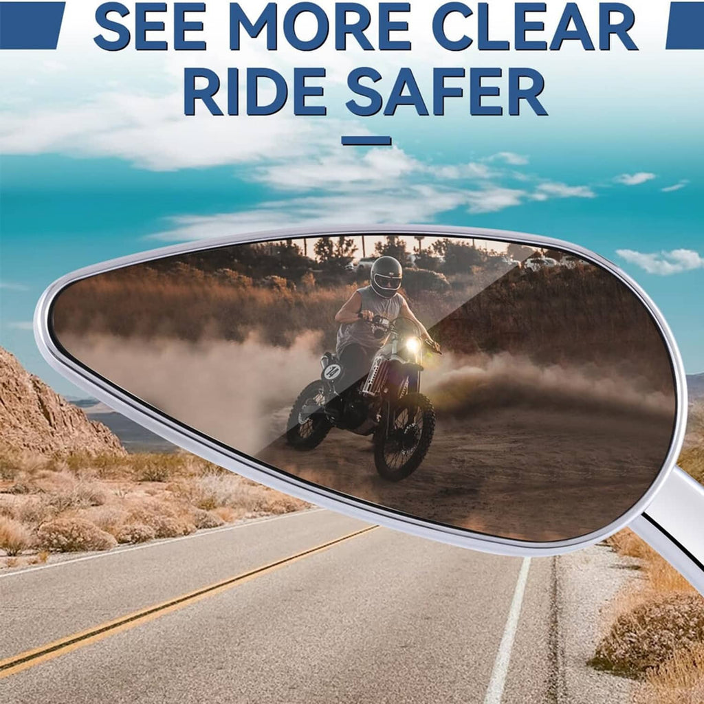 Motorcycle side mirrors with tinted reflective glass and bright amber LED turn signal