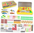 Fishing lure tackle box kit with yellow case and assorted colorful lures in compartments