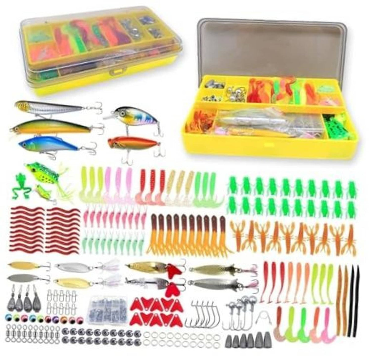 Fishing lure tackle box kit with yellow case and assorted colorful lures in compartments