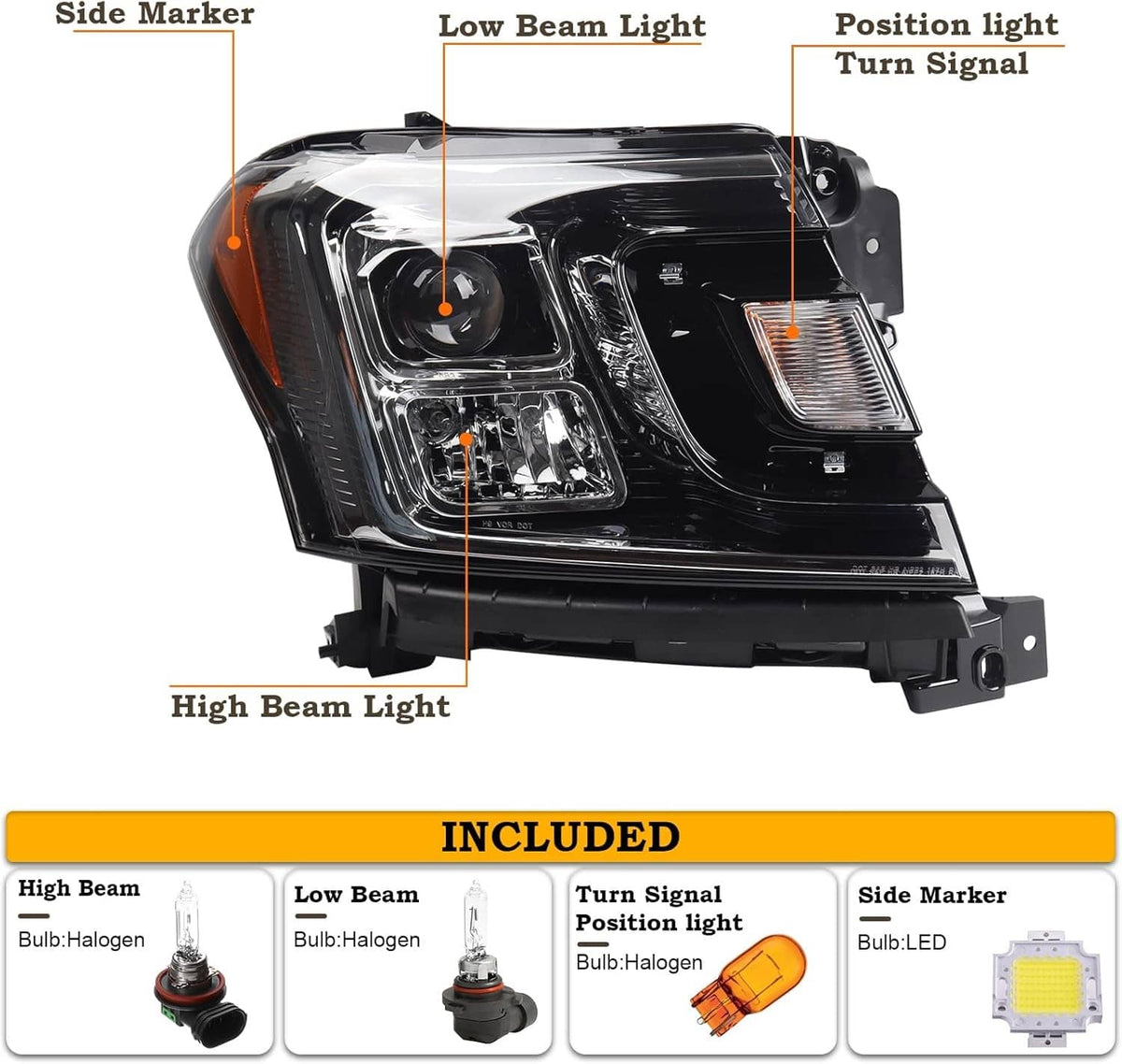 Black headlight assembly with projector lens, clear reflector sections, and amber corner marker