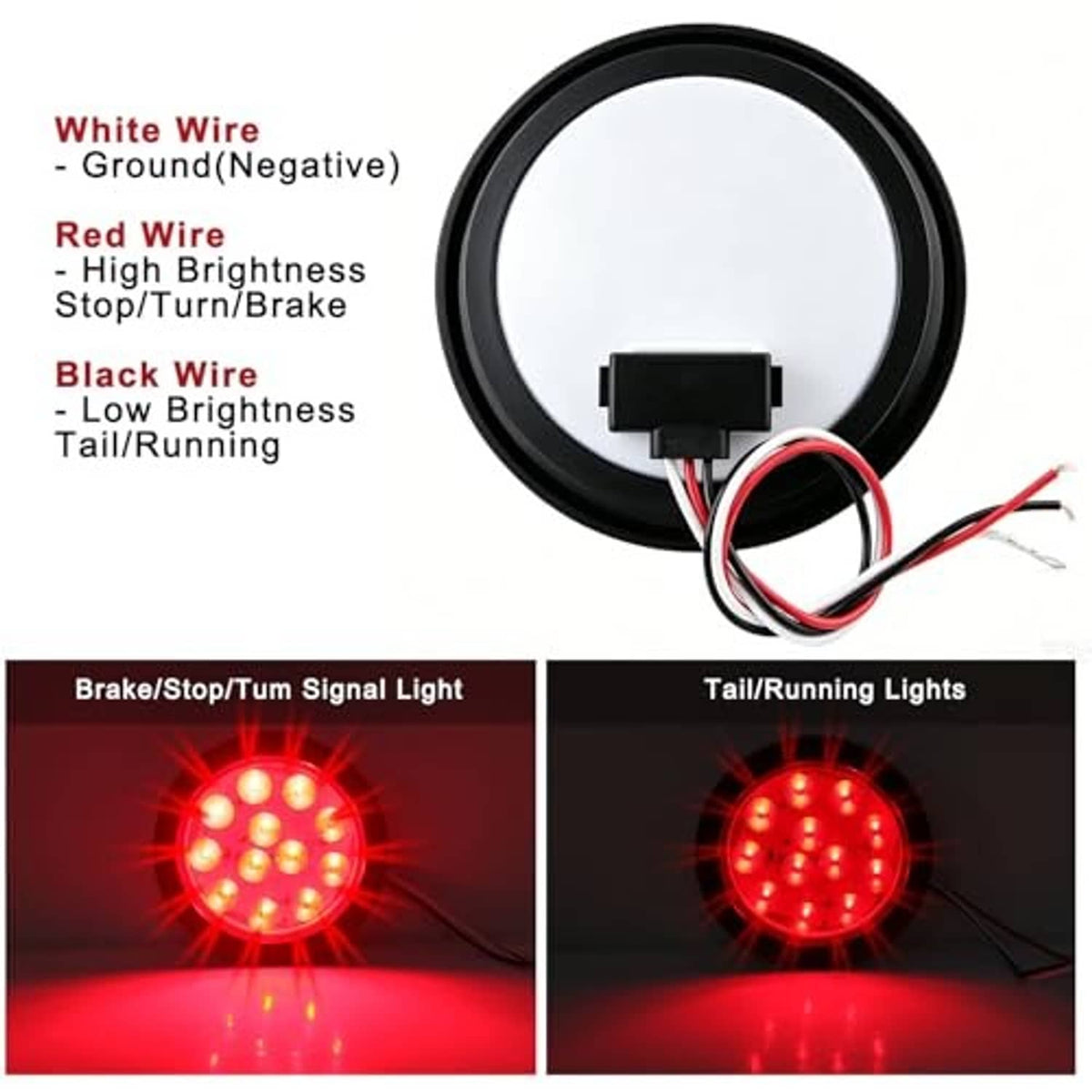 Round red LED trailer tail light with wiring leads and two red brightness modes