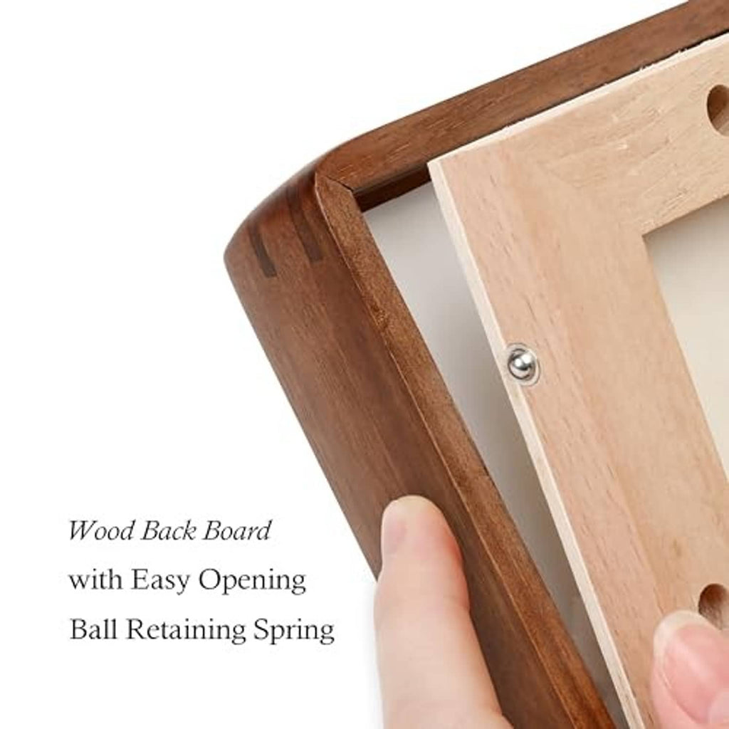 Walnut wood picture frame back with easy-opening latch and mounting hardware