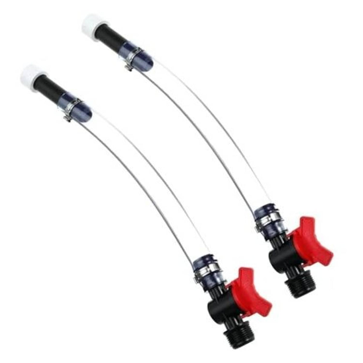 Racing fuel jug hose assembly with two clear hoses and red/black ball valve shutoffs