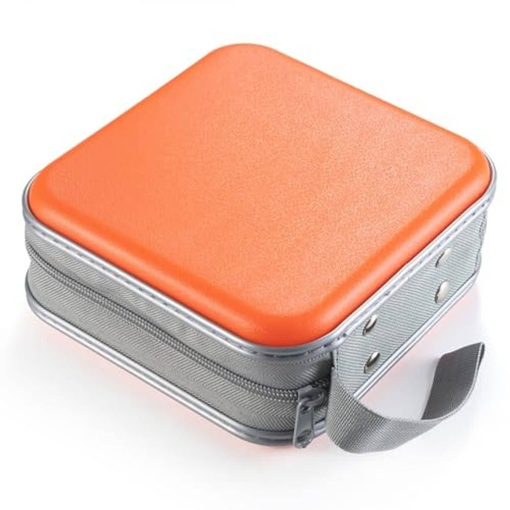 Orange hard DVD/CD case top view with grey textured sides and front carry handle strap.