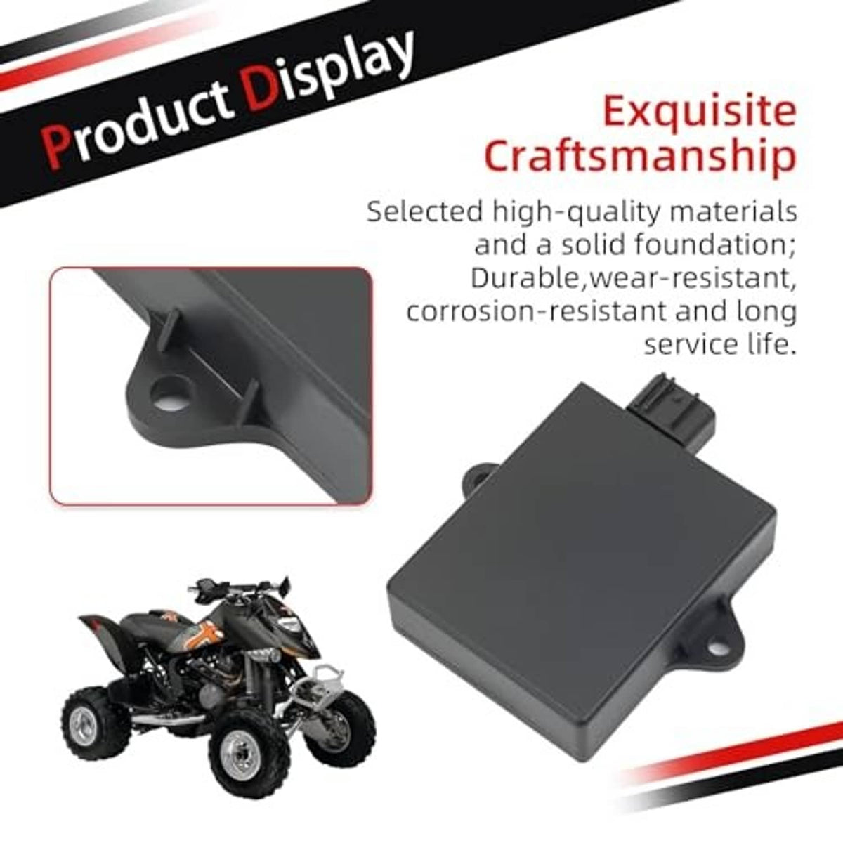 Black CDI ignition module with mounting bracket and side connector detail