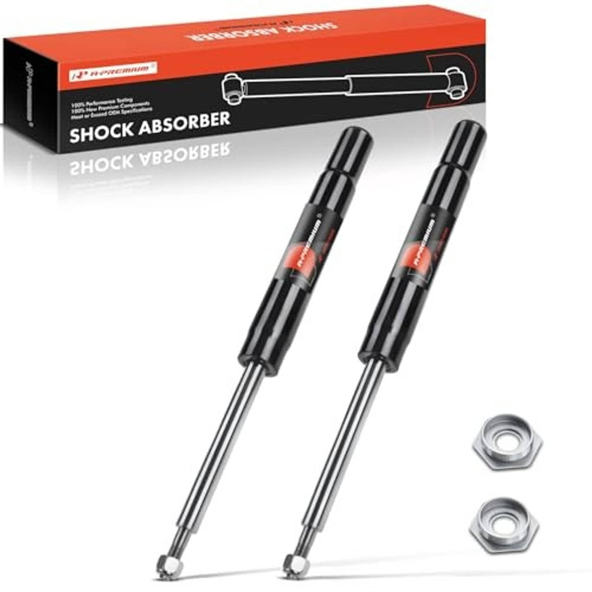 Front shock strut absorber pair in box, black bodies with red stripes, silver mounting rods