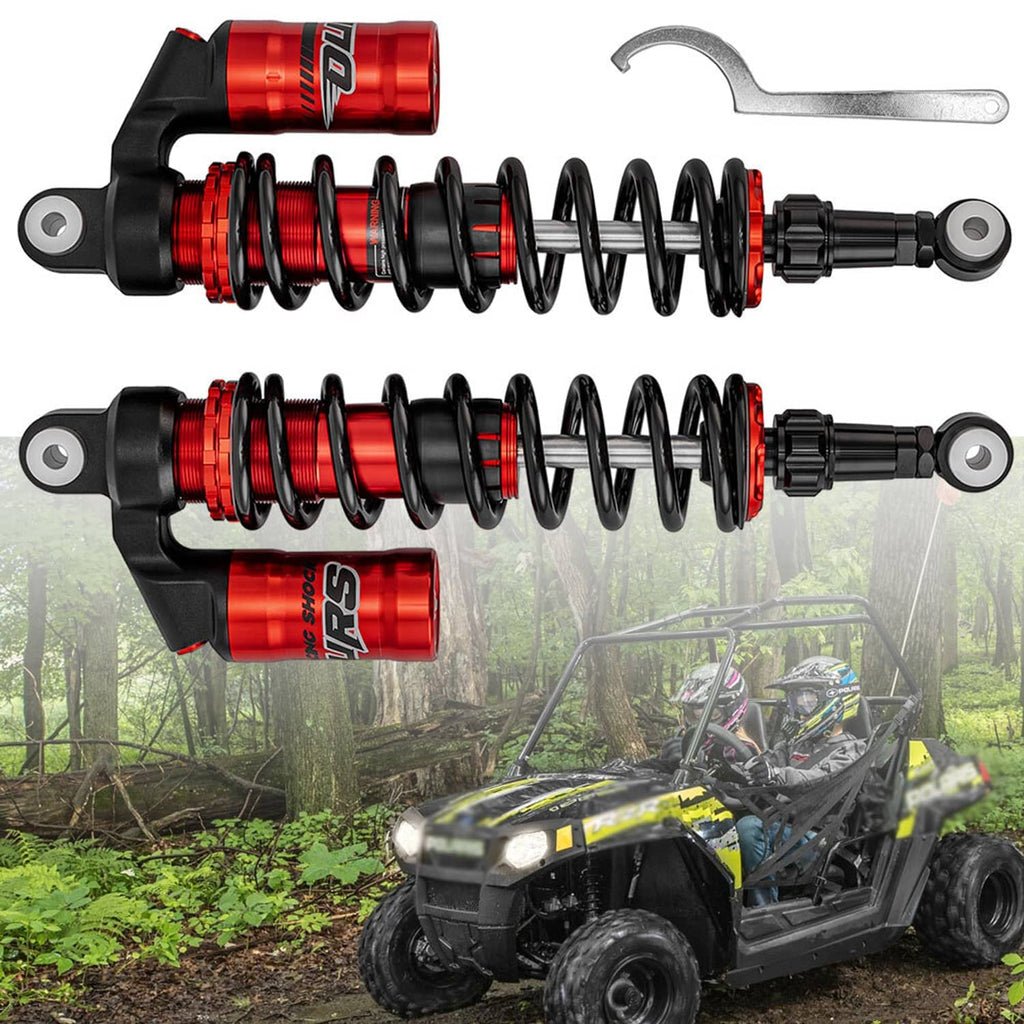 Pair of front coil-over shocks with black springs and red reservoirs, includes mounting hardware