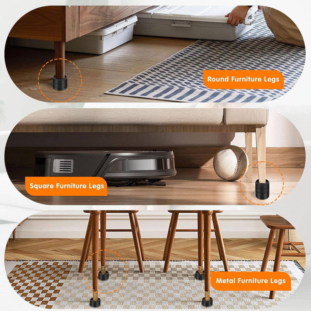 Furniture risers for supporting table and chair legs, shown under furniture on carpet
