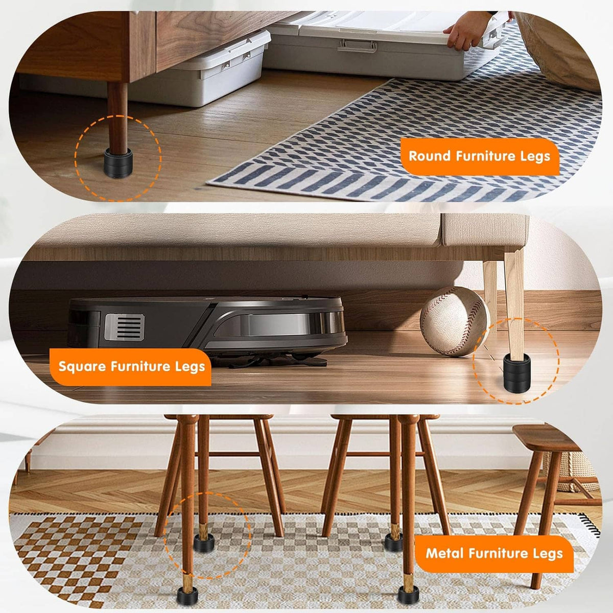 Furniture risers for supporting table and chair legs, shown under furniture on carpet