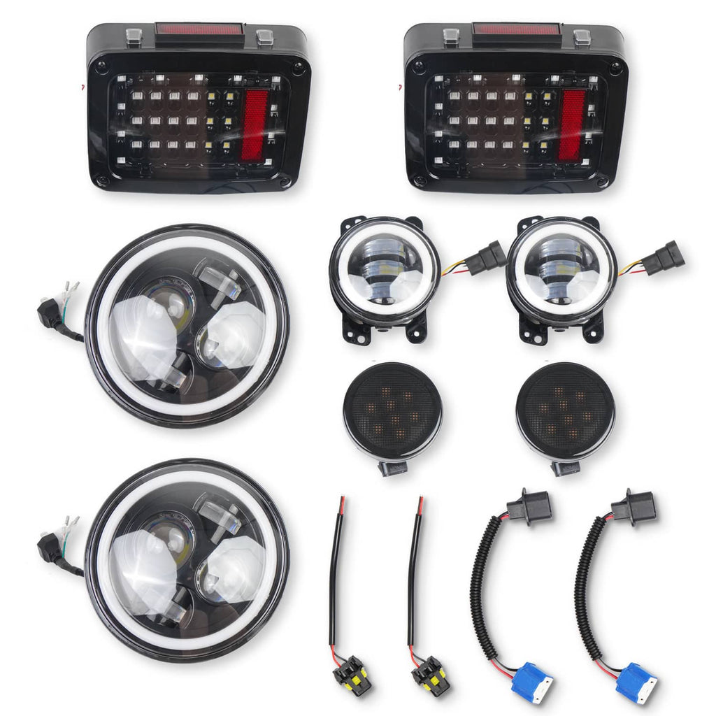 LED headlight and fog light kit with round lamps, black housings, and wiring connectors