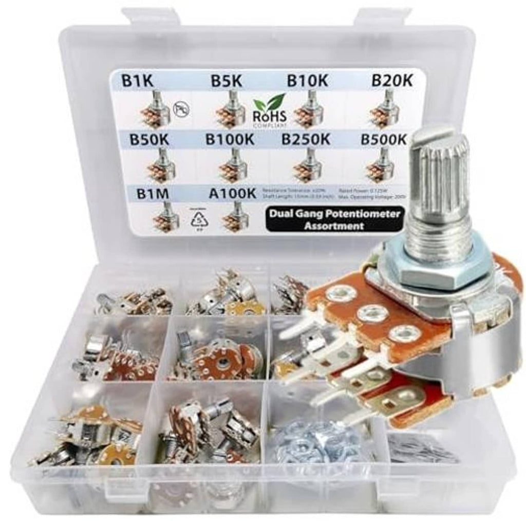 Dual gang potentiometer assortment set in clear case with metal shaft and mounted components