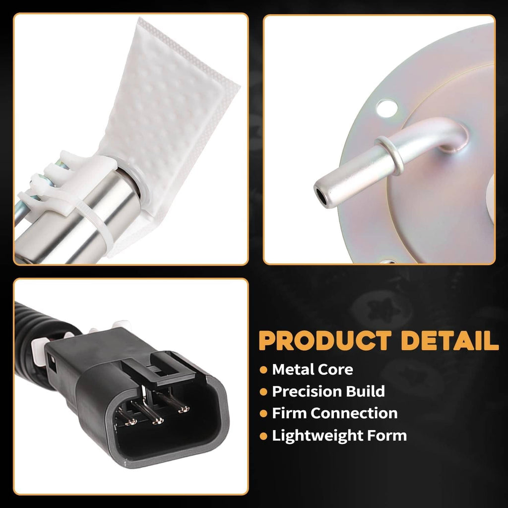 Fuel pump module detail showing metal housing, connector, and pump strainer