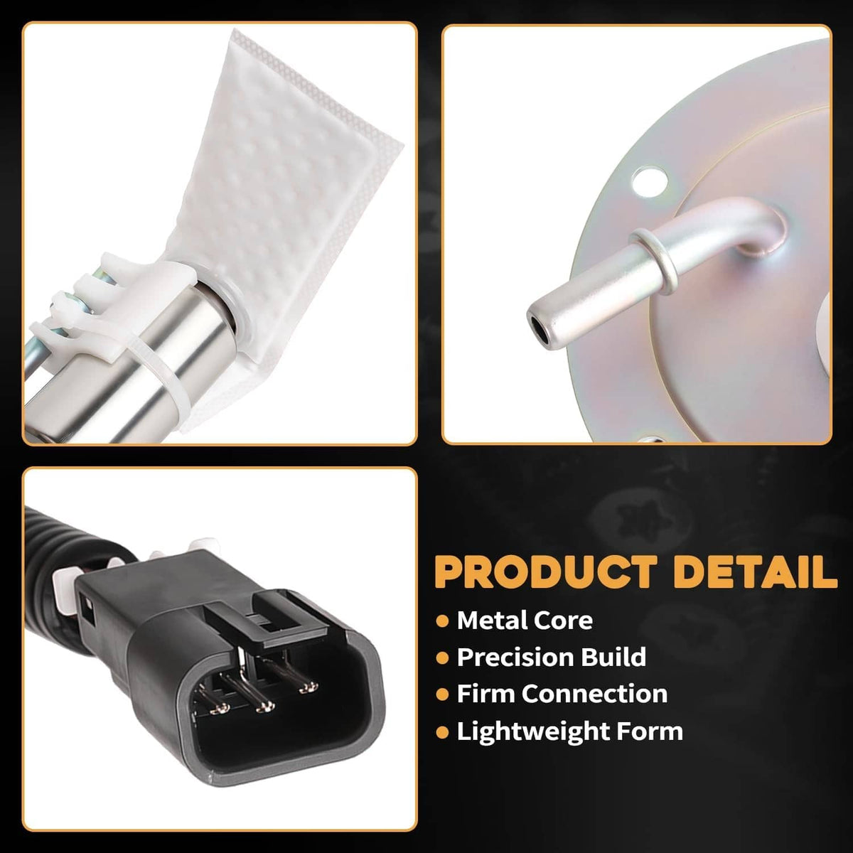 Fuel pump module detail showing metal housing, connector, and pump strainer