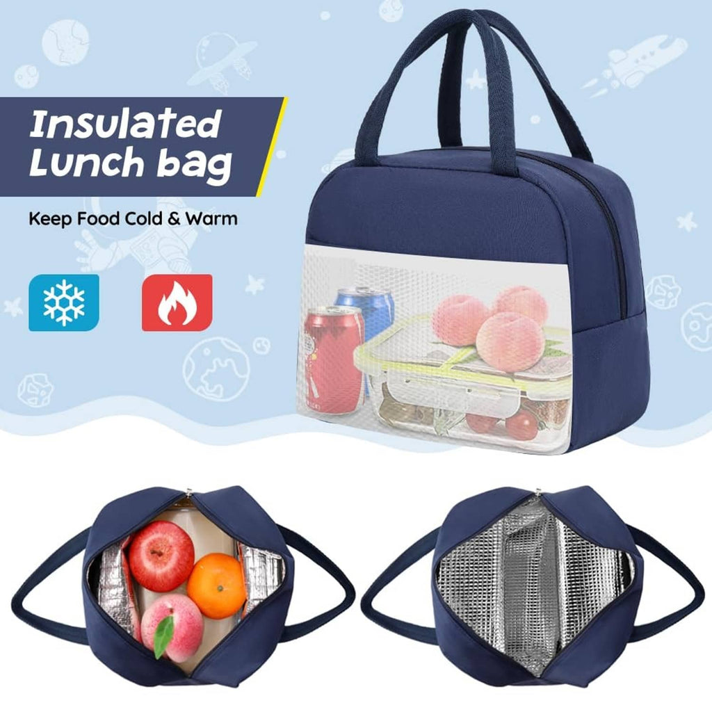 Navy and pink insulated lunch bag with clear front panel and lid