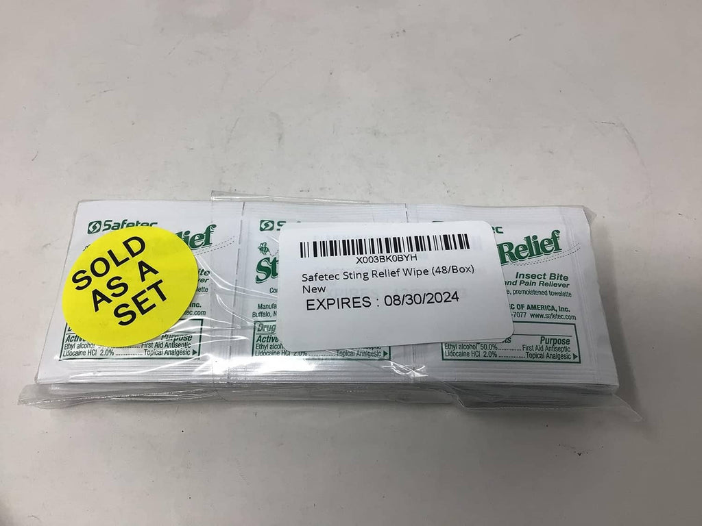 Safetec Sting Relief wipe pack with barcode and expiration date