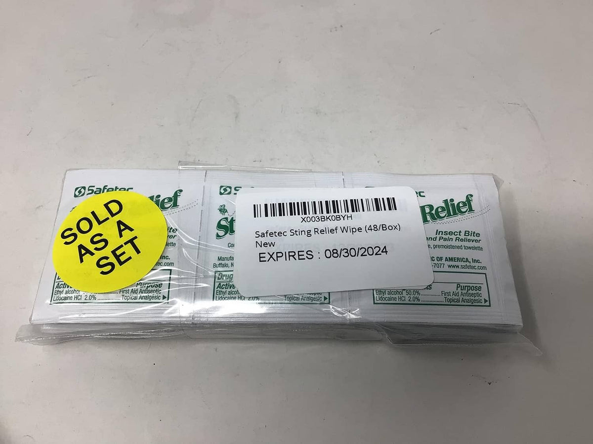 Safetec Sting Relief wipe pack with barcode and expiration date