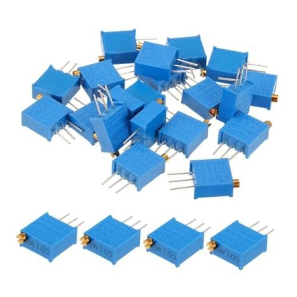 Blue multiturn trimmer potentiometers with 3-pin leads, top-adjustable metal shaft