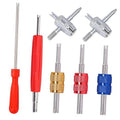 Tire valve core remover tool kit with red handle, silver shafts, and gold/red/blue heads