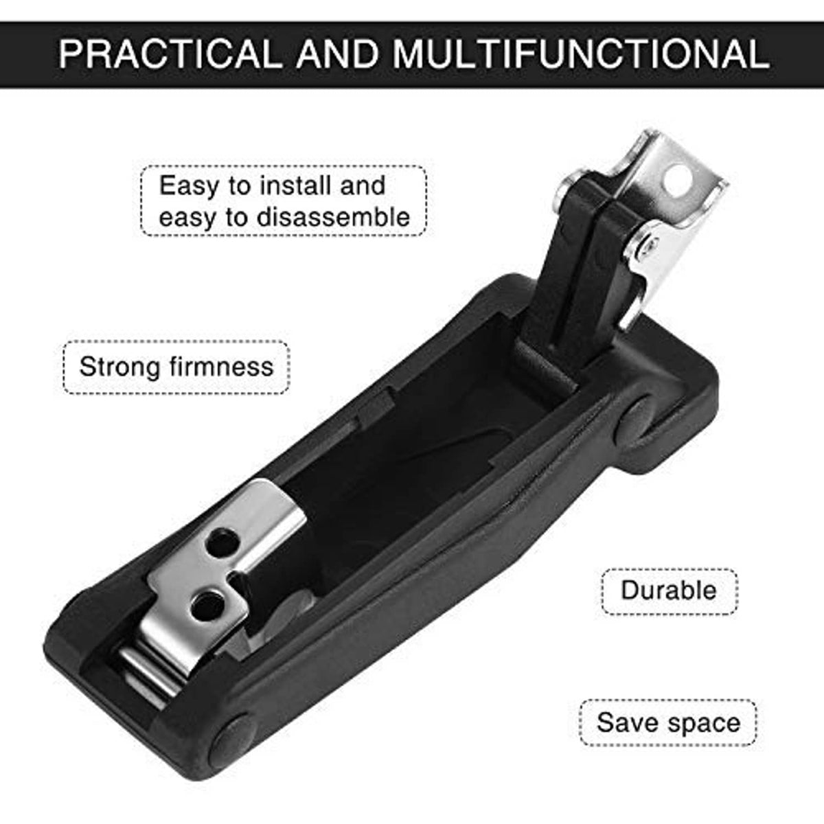 Black rubber latch bracket with metal mounting plates and fastener holes