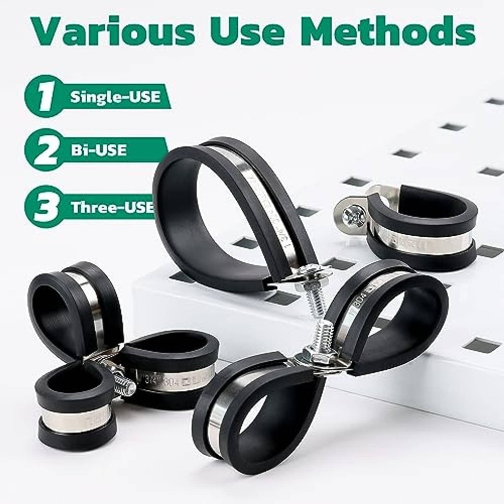 Stainless steel cable clamps shown in various uses, each with black rubber cushion