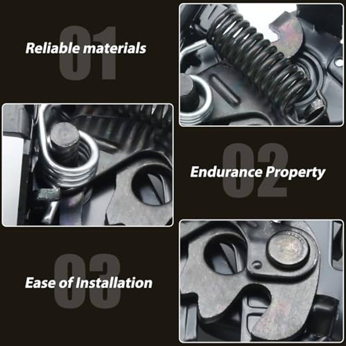 Close-up hood latch lock and puller replacement spring metal parts