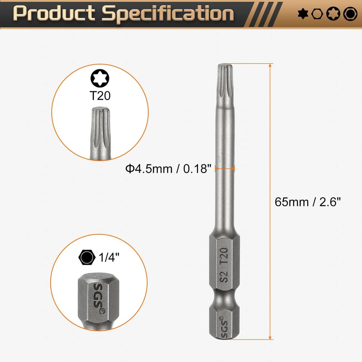Gray Torx T20 screwdriver bit, 65mm length, 1/4 inch hex shank