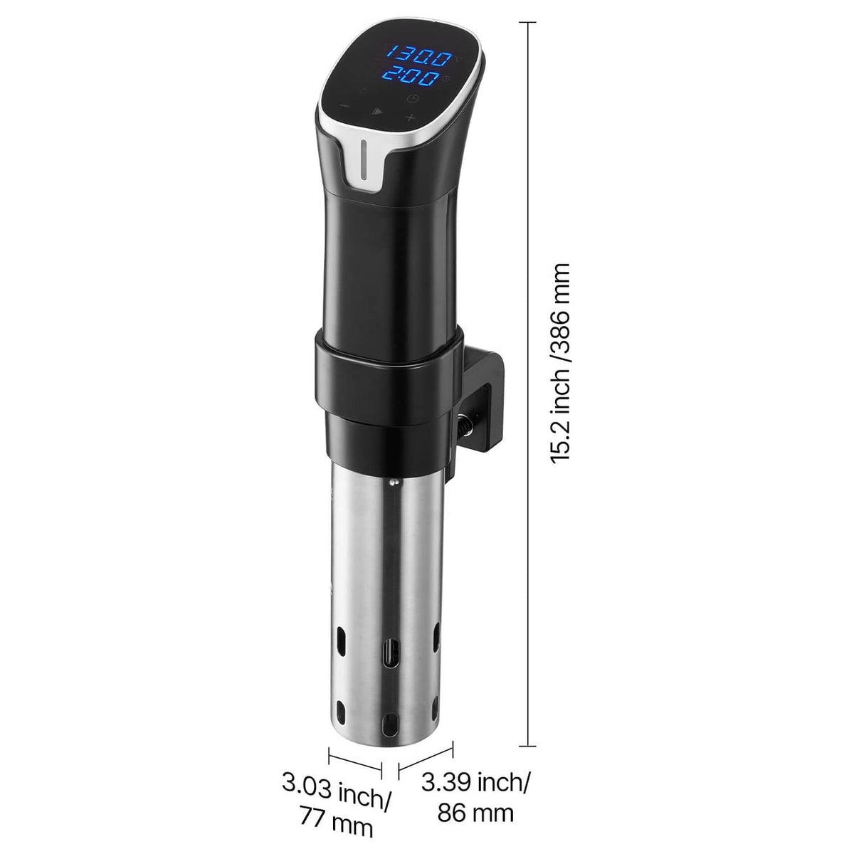 Sous vide precision cooker with labeled measurements, black control head and blue LED screen