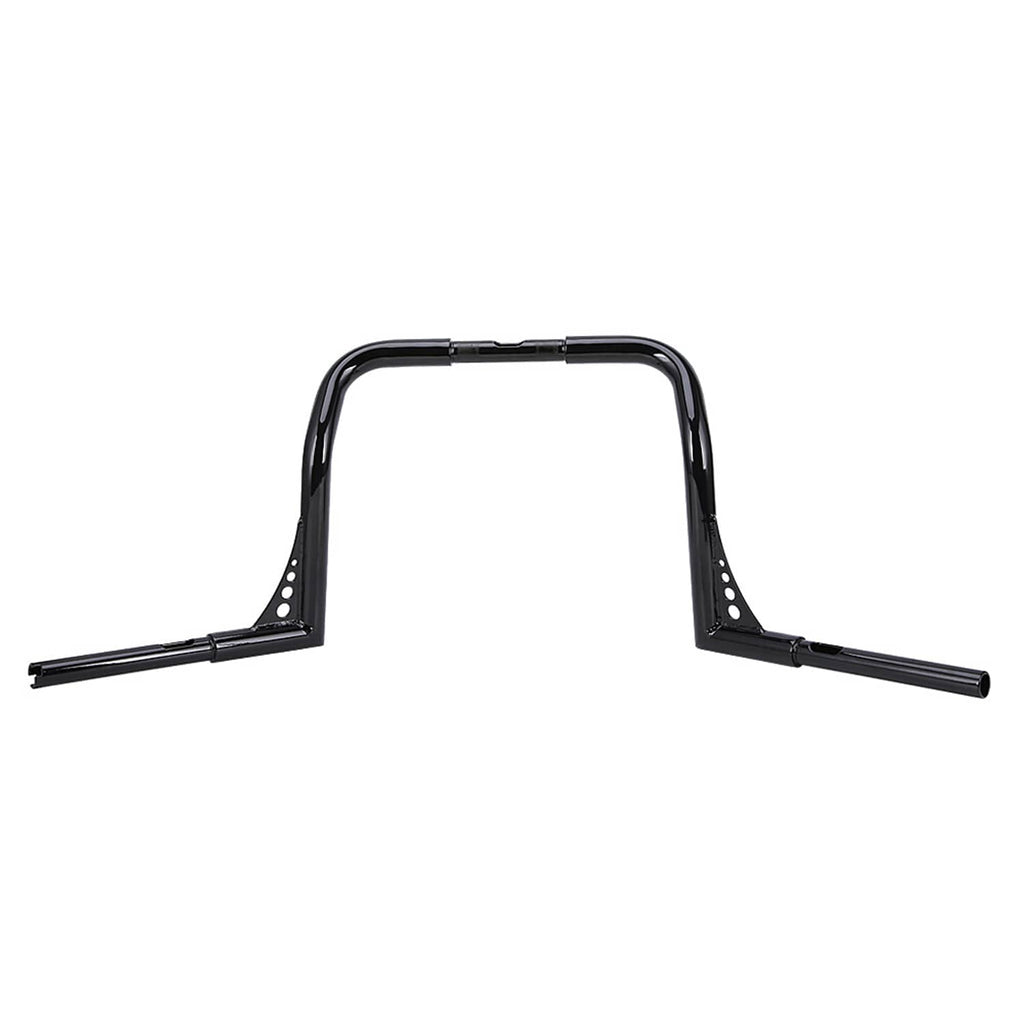Gloss black ape handlebar with wide stance and drilled side mounting plates