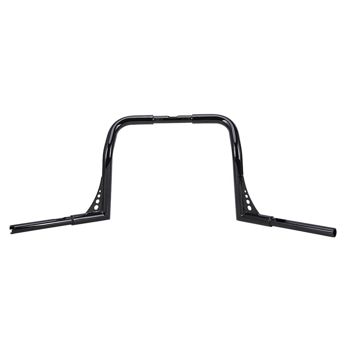 Gloss black ape handlebar with wide stance and drilled side mounting plates