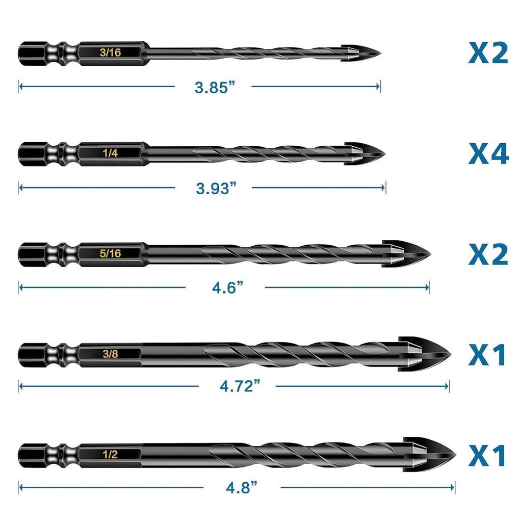 Assorted masonry drill bits with sizes 3/16, 1/4, 5/16, 3/8 and 1/2 shown