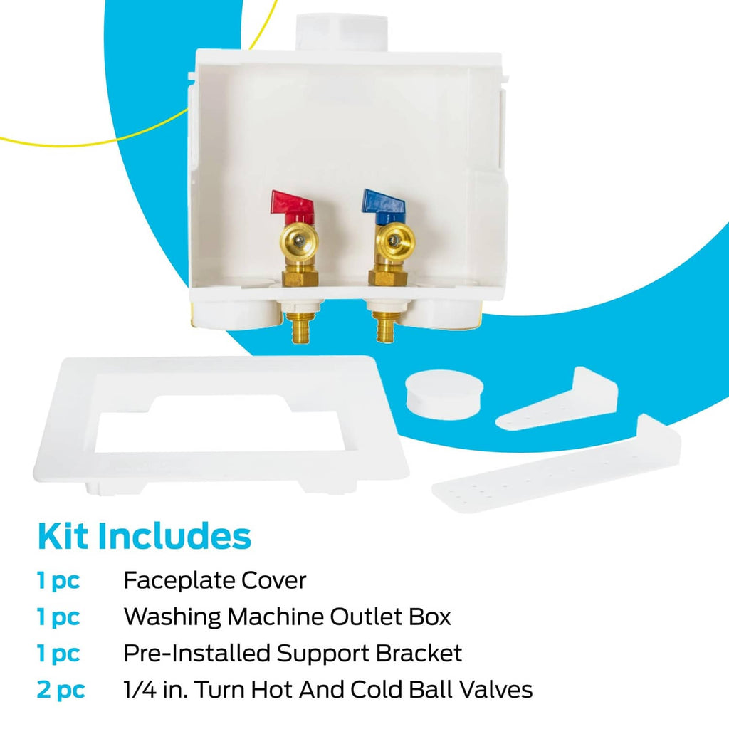 Washing machine outlet box kit with faceplate cover, support bracket, and two brass valves