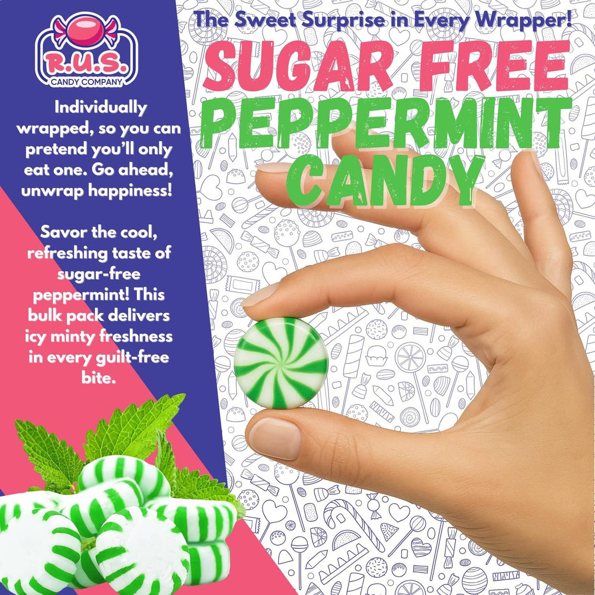 Hand holding a green-striped peppermint; sugar-free spearmint candy wrapper graphics