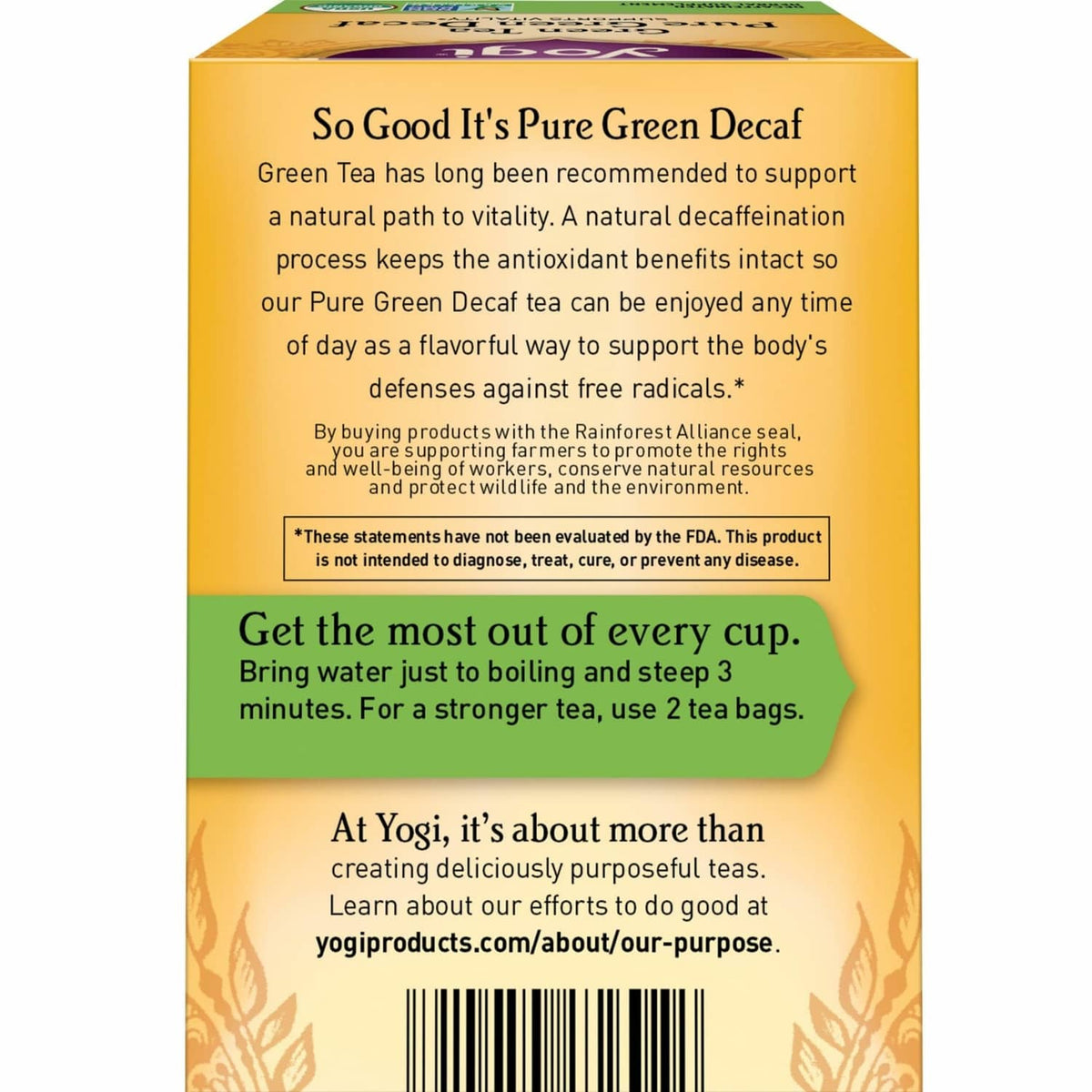 Yogi green tea decaf box back panel with brewing and ingredient information