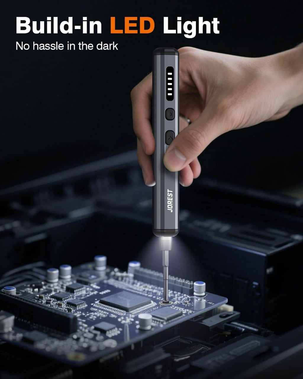 Cordless precision screwdriver with built-in LED light at the tip