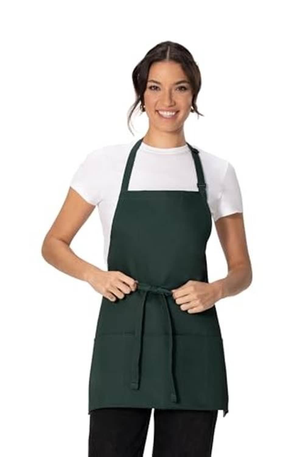 Hunter green three-pocket apron, front view with neck strap and waist tie