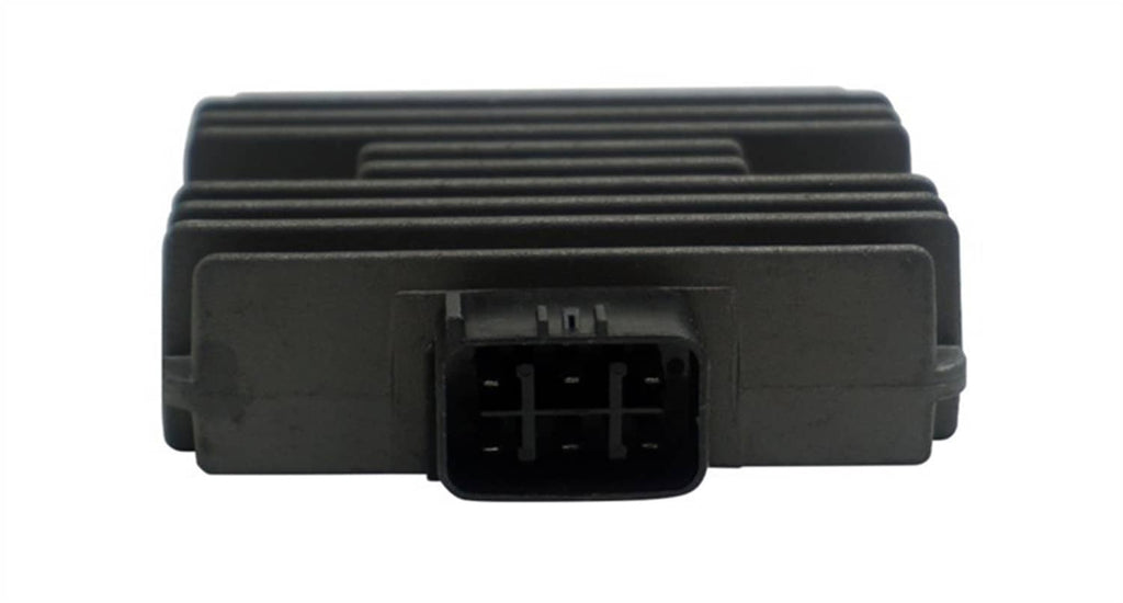 Black voltage regulator rectifier with 4-pin connector and cooling fins
