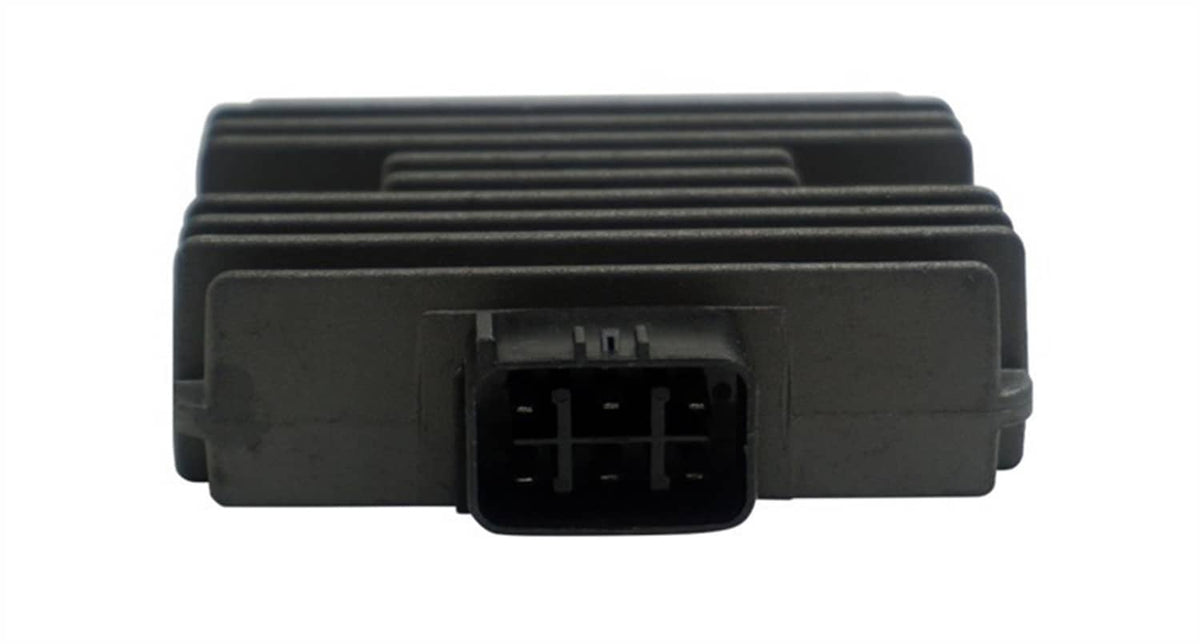 Black voltage regulator rectifier with 4-pin connector and cooling fins